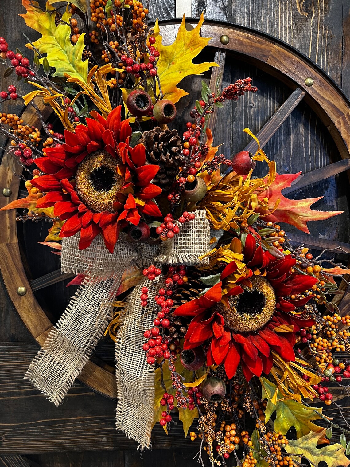 Sunflower Pinecone Farmhouse Wagon Wheel Fall Wreath, Fall Country ...