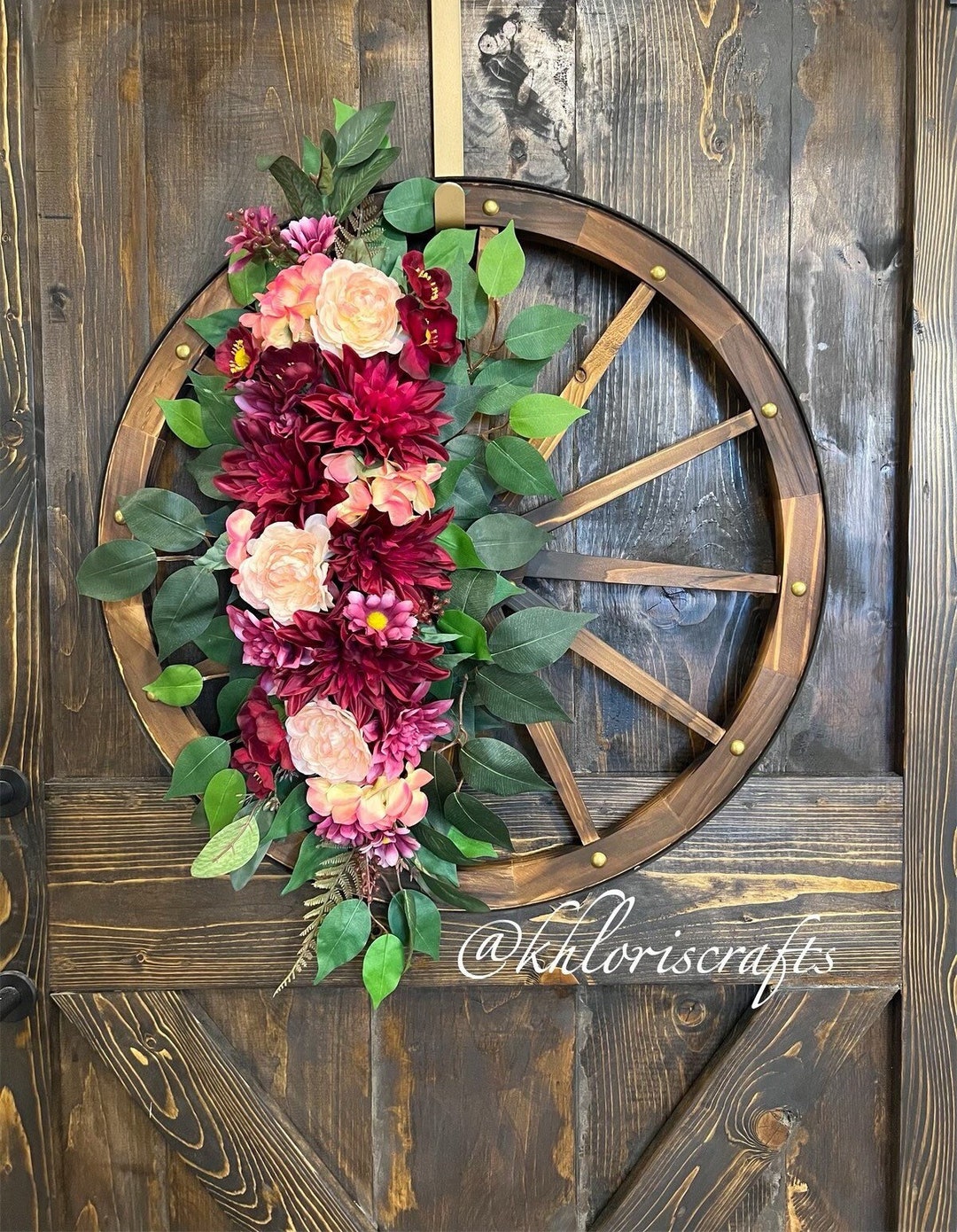 Dahlia Hydrangea Wagon Wheel Farmhouse Wreath, Rustic Country Wreath ...