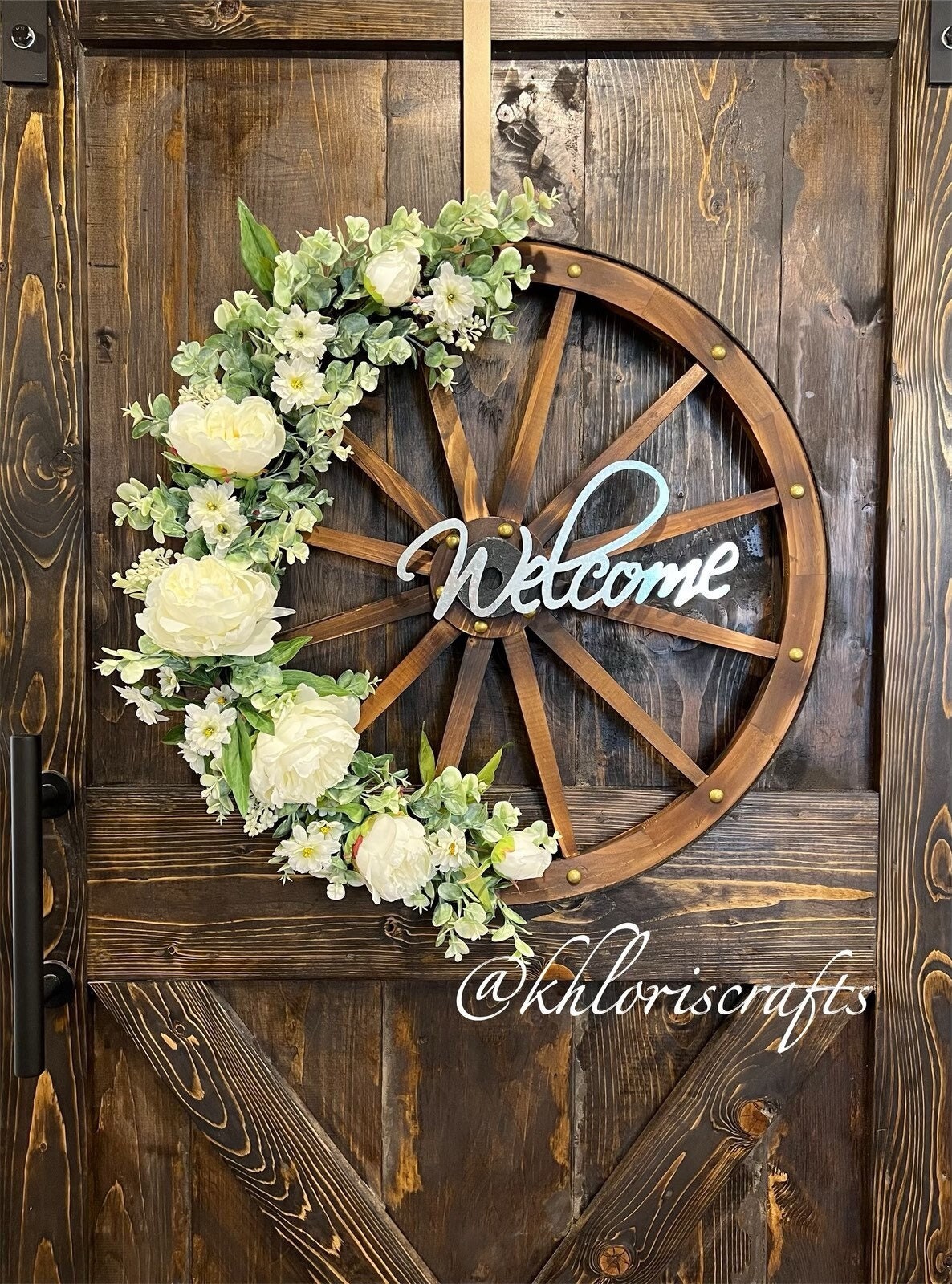 Farmhouse Peony Wagon Wheel Wreath, All Seasons Everyday Rustic Country ...