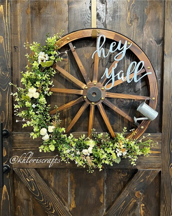 thumbnail image 2 of Wood Wagon Wheel Set Farmhouse Rustic Wood Wagon Wheel Wall Decor Set Of 2 - 24 Inch Dark Brown Country Western Farmhouse Style Wooden Wagon Wheels 2 of 14
