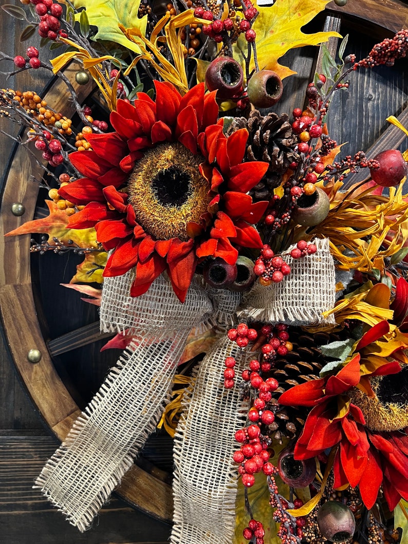 Sunflower Pinecone Farmhouse Wagon Wheel Fall Wreath, Fall Country ...