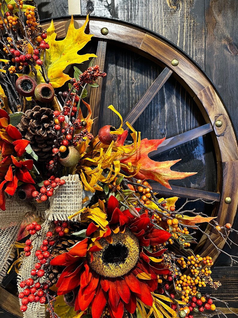 Sunflower Pinecone Farmhouse Wagon Wheel Fall Wreath, Fall Country ...