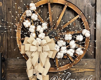 Farmhouse Everyday Wagon Wheel Wreath, All Seasons Country Wreath, Farmhouse Wreath, YearRound Cotton Pip Berry Rustic Wall Front Door Decor