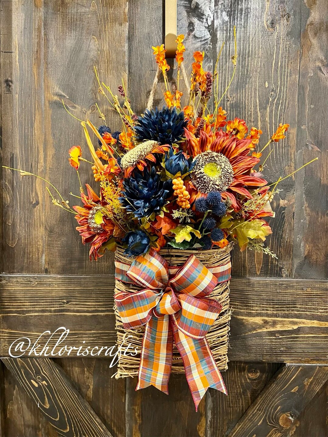 Navy Orange Fall Basket, Fall Basket Wreath, Sunflower Fall Decor