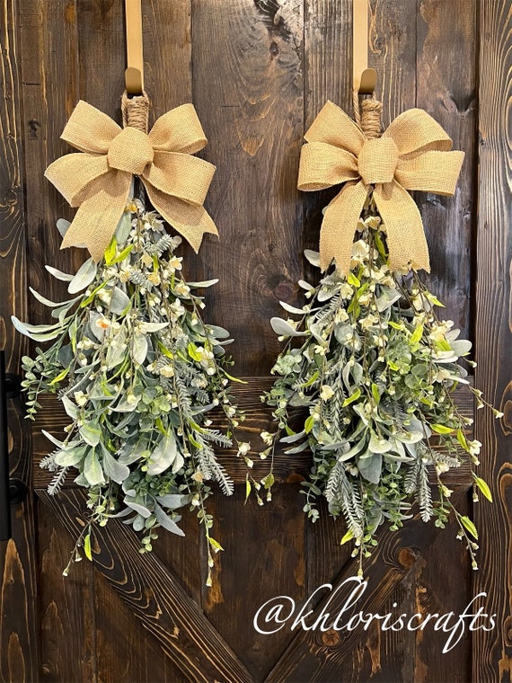 RXMORI Christmas Teardrop Door Swag,Black White Plaid Bow Eucalyptus