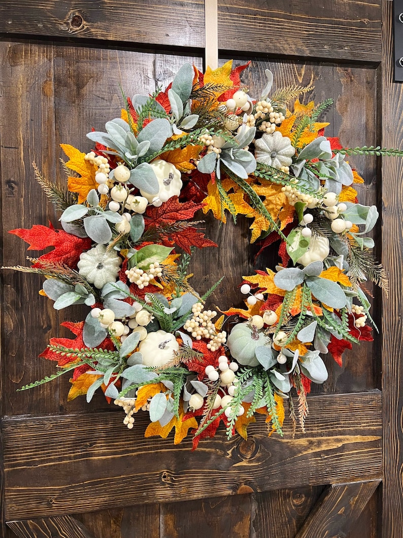 Lambs Ears Fall Wreath, Pumpkin Wreath, Fall Wreath, Front Door Wreath ...