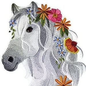 Custom Horse in Wild Flowers Embroidery Iron On/Sew Patch [7.8" x 5.86"]