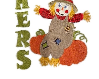 May include: Embroidered design featuring a smiling scarecrow sitting on two pumpkins with the word "HERS" stitched in green to the left.