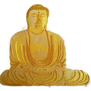 May include: Embroidered patch of a golden Buddha sitting in meditation with eyes closed. The patch is detailed with intricate stitching and a serene expression.