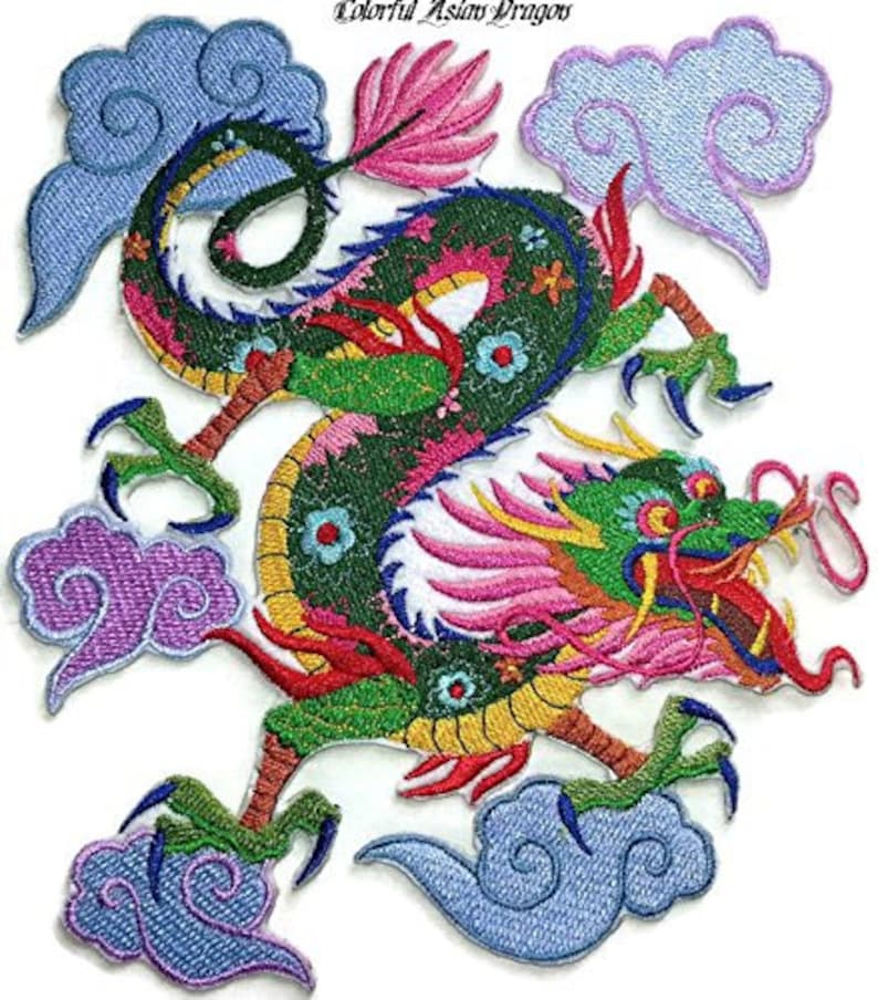May include: A colourful embroidered iron-on patch depicting an Asian dragon with pink, green, yellow and blue details. The dragon is surrounded by stylised clouds.