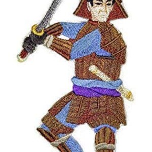 May include: Embroidered patch of a samurai warrior in brown and blue armor, holding a sword in his right hand. The warrior is wearing a purple sash and a helmet with a brown brim.