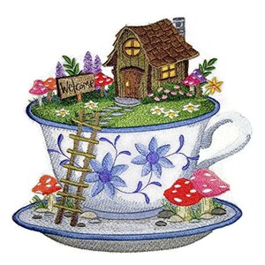 May include: A blue and white teacup with a small cottage and green grass inside. The teacup has a saucer and a ladder leading up to the cottage. The cottage has a brown roof and a sign that says "Welcome".