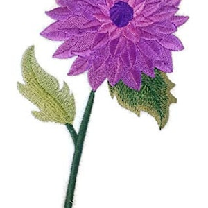 May include: Purple embroidered flower with green leaves and a stem. The flower has a detailed design and is perfect for adding a touch of nature to your crafts.