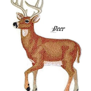 May include: Embroidered iron-on patch of a brown deer with large antlers. The patch is on a white background and says "Deer" in black text.