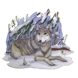 May include: Embroidered iron-on patch featuring a gray wolf lying in the snow with a blue and green forest background.