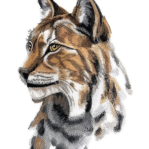 May include: A close-up of a lynx's head, with its fur a mix of brown, black, and white. The lynx has large, pointed ears and piercing yellow eyes. The image is a digital illustration.