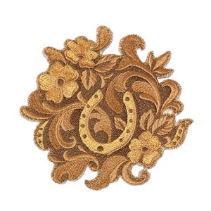 May include: Embroidered patch featuring a horseshoe and floral design in shades of gold and brown. The patch has a detailed, textured appearance with intricate stitching, perfect for adding a decorative touch to clothing or accessories.