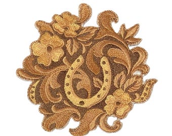 Leather Tooling Horseshoe And Flower Embroidered Iron on/Sew patch [5" X 5"]