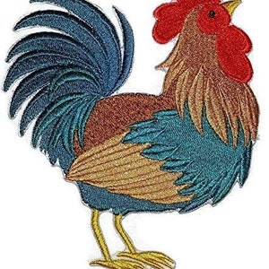 May include: Embroidered iron-on patch of a rooster with a red comb and wattle, brown and gold feathers, and a blue tail.