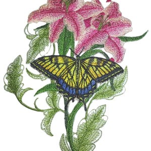 May include: An embroidered patch featuring two pink lily flowers with green leaves and a yellow, black, and blue butterfly positioned in the center. The design is detailed with intricate stitching, showcasing vibrant colors and a floral theme.