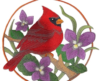 Embroidered Cardinal Violet Circle Patch: Iron-On/Sew-On Applique (7.8"x7.4")