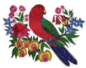 Custom Birds Australian King parrot With Flowers Embroidered Iron on/Sew patch [6.26" X 5.9"]