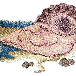 May include: Embroidered iron-on patch of a pink bird with brown and purple accents sitting on a branch with brown leaves. The bird has a large, round body and a small head with a crest.