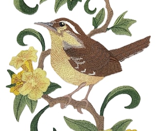 Custom South Carolina Great Carolina Wren and Jessamine Bird Embroidery Iron On/Sew Patch - Beyond Vision [7" x11.11" ]