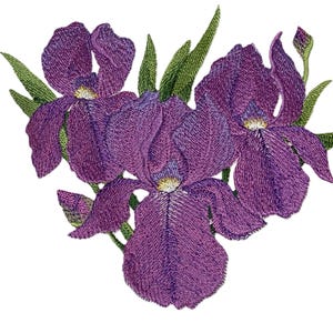 May include: Embroidered design of three purple iris flowers with green leaves. The flowers have detailed stitching, with yellow centres and varying shades of purple. The design is set against a white background.