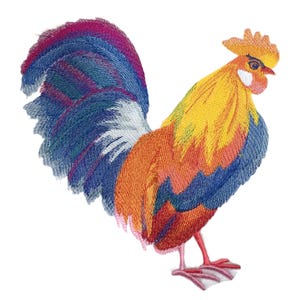 May include: Embroidered rooster with a vibrant color palette. The rooster features a yellow head, orange and red body, and a large tail with blue, purple, and white feathers. The rooster's comb and wattle are orange and red. This image is suitable for textile art.