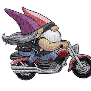 May include: Two gnomes riding a motorcycle. The gnome in the front is wearing a black leather jacket and jeans. The gnome in the back is wearing a purple hat and a gray wig. The motorcycle is red and black.