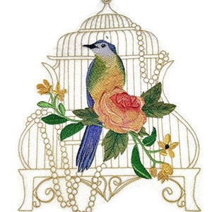 May include: Embroidered design of a blue bird in a white birdcage with a pearl necklace draped over the cage. The birdcage is decorated with a pink rose and green leaves.