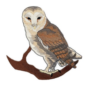 Puede incluir: Parche bordado de un búho de granero marrón y blanco posado en una rama marrón. El búho tiene ojos grandes y redondos y un diseño detallado y realista.