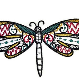 May include: A colorful embroidered dragonfly patch with intricate details in red, yellow, green, and white. The dragonfly has a long, thin body and delicate wings.