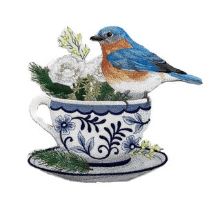 Bluebird and Coffee Cup Embroidered Patch: Iron-On Applique (7.62" x 6.89")