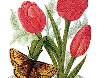 Large Copper Butterfly with Tulips Embroidered Iron on/Sew Patch