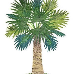 May include: A green palm tree with a brown trunk and green leaves. The tree is isolated on a white background.