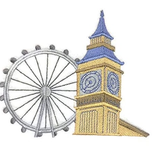 May include: Embroidered patch featuring a yellow and blue Big Ben clock tower and a gray London Eye Ferris wheel. The patch is perfect for adding a touch of London charm to your belongings.