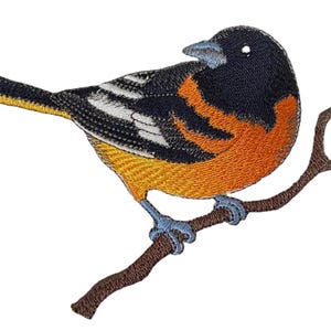 Puede incluir: Parche bordado de un pájaro oropéndola posado en una rama marrón. El pájaro presenta detalles en negro, naranja, amarillo y blanco. El pico y las patas del pájaro son azules. El parche está diseñado para coser o planchar sobre tela.