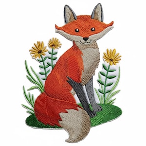 Broderad stryk-/sylapp med räv och blommor [18 x 15 cm]