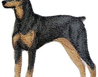 May include: Embroidered patch of a black and tan Doberman Pinscher dog standing with its legs slightly apart.
