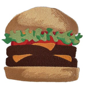 May include: Embroidered patch of a hamburger with a tan bun, brown patty, orange cheese, red tomato, and green lettuce. The patch is designed to be sewn or ironed onto fabric, perfect for customizing clothing or accessories.