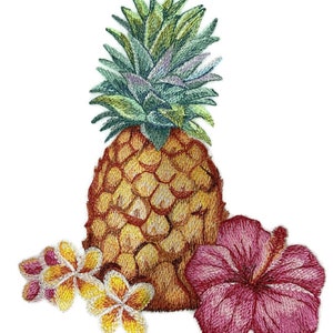 May include: Embroidered pineapple with green leaves and a yellow body, surrounded by three white and yellow plumeria flowers and a pink hibiscus flower.