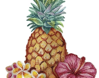 Hibiscus & Pineapple Embroidered Patch: Tropical Fruit Iron-On Applique