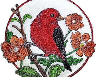 Bird In Circle Scarlet Tanager and Cosmos Circle Embroidered Iron on/Sew Patch [5" X 5"]