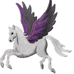 Peut inclure: Un cheval ailé blanc avec des ailes noires et violettes. Le cheval est en plein vol, les ailes déployées.
