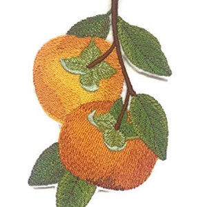 May include: Embroidered patch of two orange persimmons on a branch with green leaves.