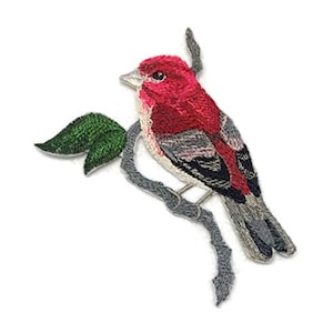 May include: Embroidered iron-on patch of a red and gray bird perched on a branch with a green leaf.