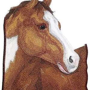 May include: A close-up of a brown and white horse's head with a white star on its forehead. The horse is looking to the right. The image is embroidered.