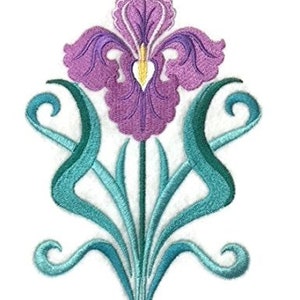 May include: An embroidered patch featuring a purple iris flower with teal green leaves and stems. The flower has a stylized art nouveau design.